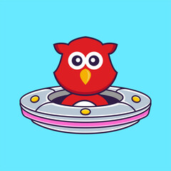 Cute bird Driving Spaceship Ufo. Animal cartoon concept isolated. Can used for t-shirt, greeting card, invitation card or mascot. Flat Cartoon Style