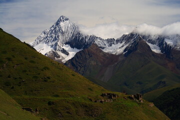 Fototapeta premium Caucasus, Ossetia. Zrug gorge. Ruins of the village of Kozatikau.