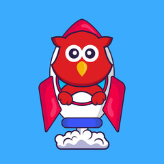 Cute bird flying on rocket. Animal cartoon concept isolated. Can used for t-shirt, greeting card, invitation card or mascot. Flat Cartoon Style