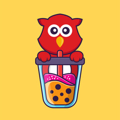 Cute bird Drinking Boba milk tea. Animal cartoon concept isolated. Can used for t-shirt, greeting card, invitation card or mascot. Flat Cartoon Style