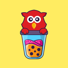 Cute bird Drinking Boba milk tea. Animal cartoon concept isolated. Can used for t-shirt, greeting card, invitation card or mascot. Flat Cartoon Style