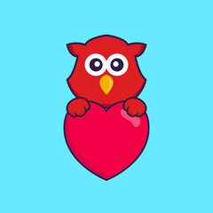 Cute bird holding a big red heart. Animal cartoon concept isolated. Can used for t-shirt, greeting card, invitation card or mascot. Flat Cartoon Style