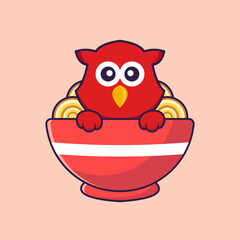Cute bird eating ramen noodles. Animal cartoon concept isolated. Can used for t-shirt, greeting card, invitation card or mascot. Flat Cartoon Style
