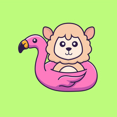 Cute sheep With flamingo buoy. Animal cartoon concept isolated. Can used for t-shirt, greeting card, invitation card or mascot. Flat Cartoon Style