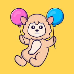Cute sheep flying with two balloons. Animal cartoon concept isolated. Can used for t-shirt, greeting card, invitation card or mascot. Flat Cartoon Style