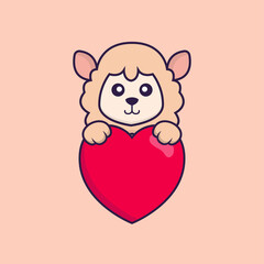 Cute sheep holding a big red heart. Animal cartoon concept isolated. Can used for t-shirt, greeting card, invitation card or mascot. Flat Cartoon Style
