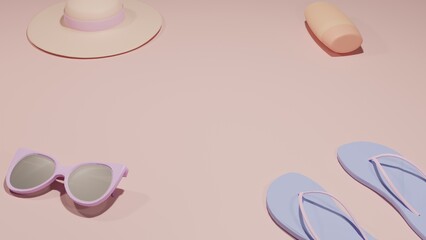 Summer vacation concept, background, Beach accessories on pink background, 3d rendering