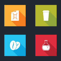 Set Canister for gasoline, Coffee cup, beans and Test tube and flask icon. Vector