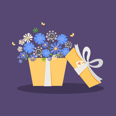 a yellow gift box filled with blossoming flowers, with fluttering yellow butterflies. chamomile, chicory, cornflower, wild flowers. vector illustration.