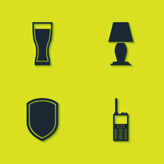 Set Glass of beer, Walkie talkie, Shield and Table lamp icon. Vector
