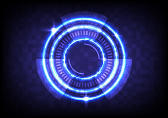 Circuit on pixel screen. Abstract hologram hi-tech background. Virtual reality technology innovation. Head-up display interface. Futuristic Sci-Fi glowing HUD circle. Digital infographic business