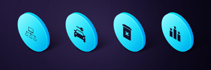 Set Isometric Ranking star, Trash can, Car rental and Computer network icon. Vector