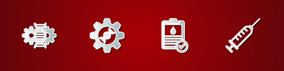 Set Gene editing, Genetic engineering, Clipboard with blood test and Syringe icon. Vector