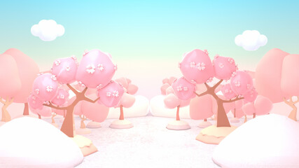 Cartoon cherry trees garden. 3d rendered picture.