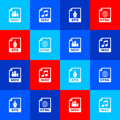 Set MOV file document, WAV, EPS and HTML icon. Vector