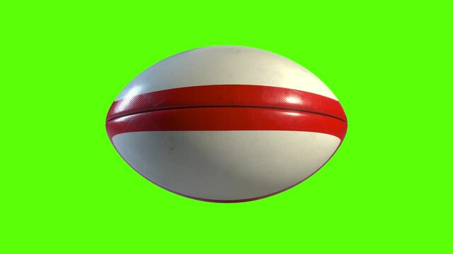 Side on view of a 3D ruby ball with red lines spinning on the spot. Standard rugby ball in a continuous spin perfect for sports advertising. Green screen footage to isolate the ball.