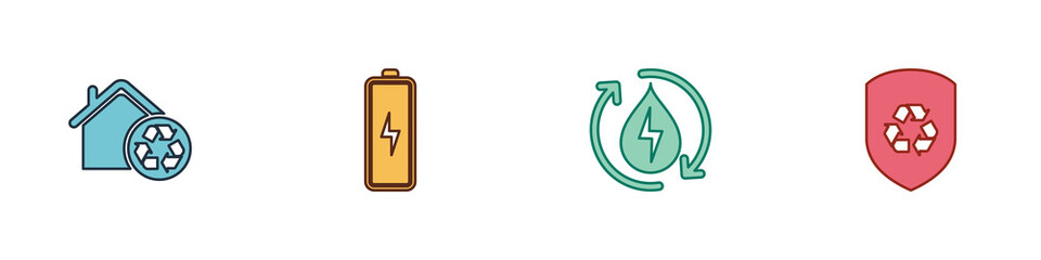 Set Eco House with recycling, Battery, Recycle clean aqua and inside shield icon. Vector