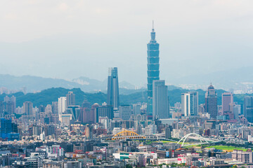 Overlooking view of the modern urban landscape of the Taipei area in Taiwan.