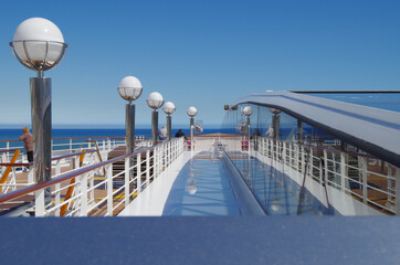 Terrace or patio or balcony on outdoor deck of luxury cruiseship cruise ship liner with deck...