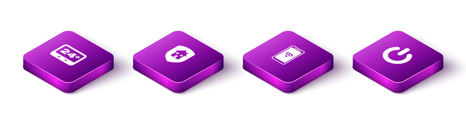 Set Isometric Thermostat, House under protection, Mobile with wi-fi wireless and Power button icon. Vector