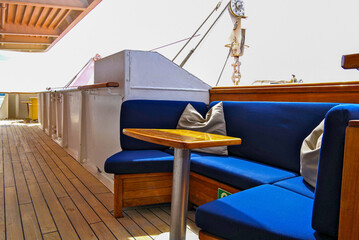 Terrace or patio or balcony on outdoor deck of luxury cruiseship cruise ship liner with deck...