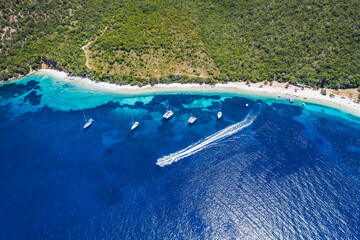 Aerial view of sunny Antisamos beach on the Kefalonia island, Ionian sea in summer, Greece. Travel...