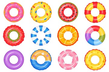 Inflatable ring. Swimming pool circle toys. Donut, rainbow, watermelon, beach life buoy. Summer floating swim rings top view vector set. Round object for rest or relax on sea water - obrazy, fototapety, plakaty