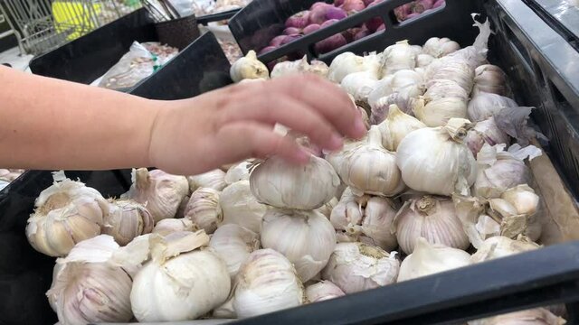 garlic in a market customer selecting garlic