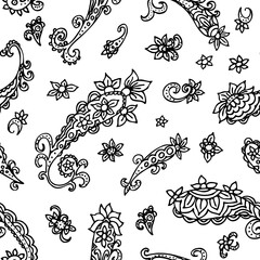Black and white paisley seamless pattern. Isolated ink drawn elements. Cute floral ornament for textiles. Vector illustration.