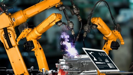 Smart industry robot arms modernization for innovative factory technology . Concept of automation...