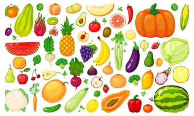 Cartoon fruits and vegetables. Broccoli, carrot, cabbage, beetroot, kiwi, apricot, mango. Fresh organic vegetable, fruit slices vector set. Organic healthy food for market, farming products