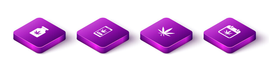 Set Isometric Medical bottle with marijuana, Online buying, Marijuana or cannabis leaf and Calendar and icon. Vector