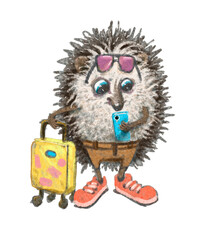 Hedgehog traveler. For poster, postcard, clothes, album's cover, sticker.