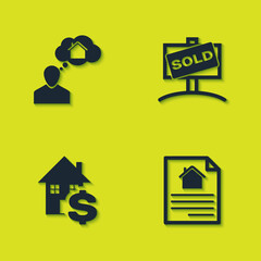 Set Man dreaming about buying house, House contract, with dollar and Hanging sign Sold icon. Vector