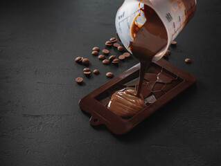 Homemade natural chocolate on a black background. Manufacturing process.