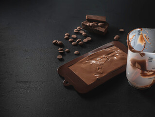 Homemade natural chocolate on a black background. Manufacturing process.