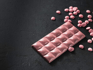 Pink chocolate on a black background. Ruby chocolate. The fourth type in chocolate.