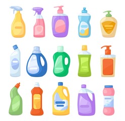 Cartoon detergent bottle. Cleaner, bleach, disinfectants, antiseptic, liquid soap. Spray detergents products for home cleaning vector set. Chemicals in plastic packages, hygiene concept