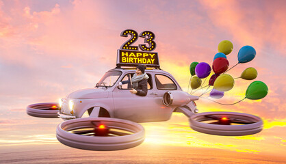 23 Jahre – Geburtstagskarte mit fliegendem Auto