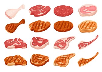 Fresh and grilled meat. Cartoon fried steak with grill marks. Chicken, pork, beef, burger patty. Raw, cooked and roasted meat vector set. Food for bbq, meal from butcher shop isolated