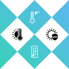 Set Thermometer with sun, Meteorology thermometer, and UV protection icon. Vector