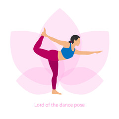 Woman doing sports, yoga. Lord of the Dance yoga pose. Lotus flower on background. Yoga, fitness and healthy lifestyle concept illustration, perfect for banner, mobile app, landing page. Vector