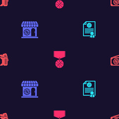 Set Certificate basketball award, Sports shop and, Basketball medal and game ticket on seamless pattern. Vector