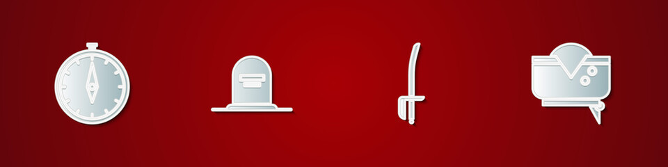 Set Compass, Tombstone with RIP written, Pirate sword and hat icon. Vector