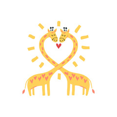 Cute cartoon animals in love. Two giraffes. 