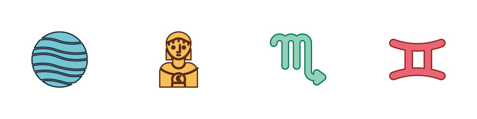 Set Planet Jupiter, Astrology woman, Scorpio zodiac and Gemini icon. Vector