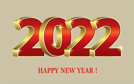 Happy New Year 2022. Holiday banner with numbers in three-dimensional image in gold and red color, for greeting cards, Merry Christmas poster, calendars. Vector illustration