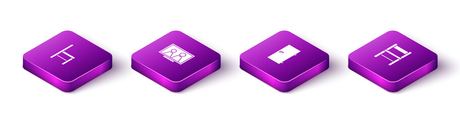 Set Isometric Chair, Picture frame on table, Closed door and icon. Vector