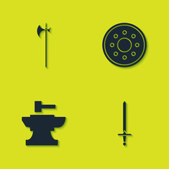 Set Medieval halberd, sword, Anvil for blacksmithing hammer and Round wooden shield icon. Vector