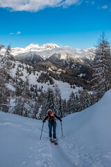 Ski mountaineering in the Mount Zoncolan ski area, Carnic Alps, Friuli-Venezia Giulia, Italy